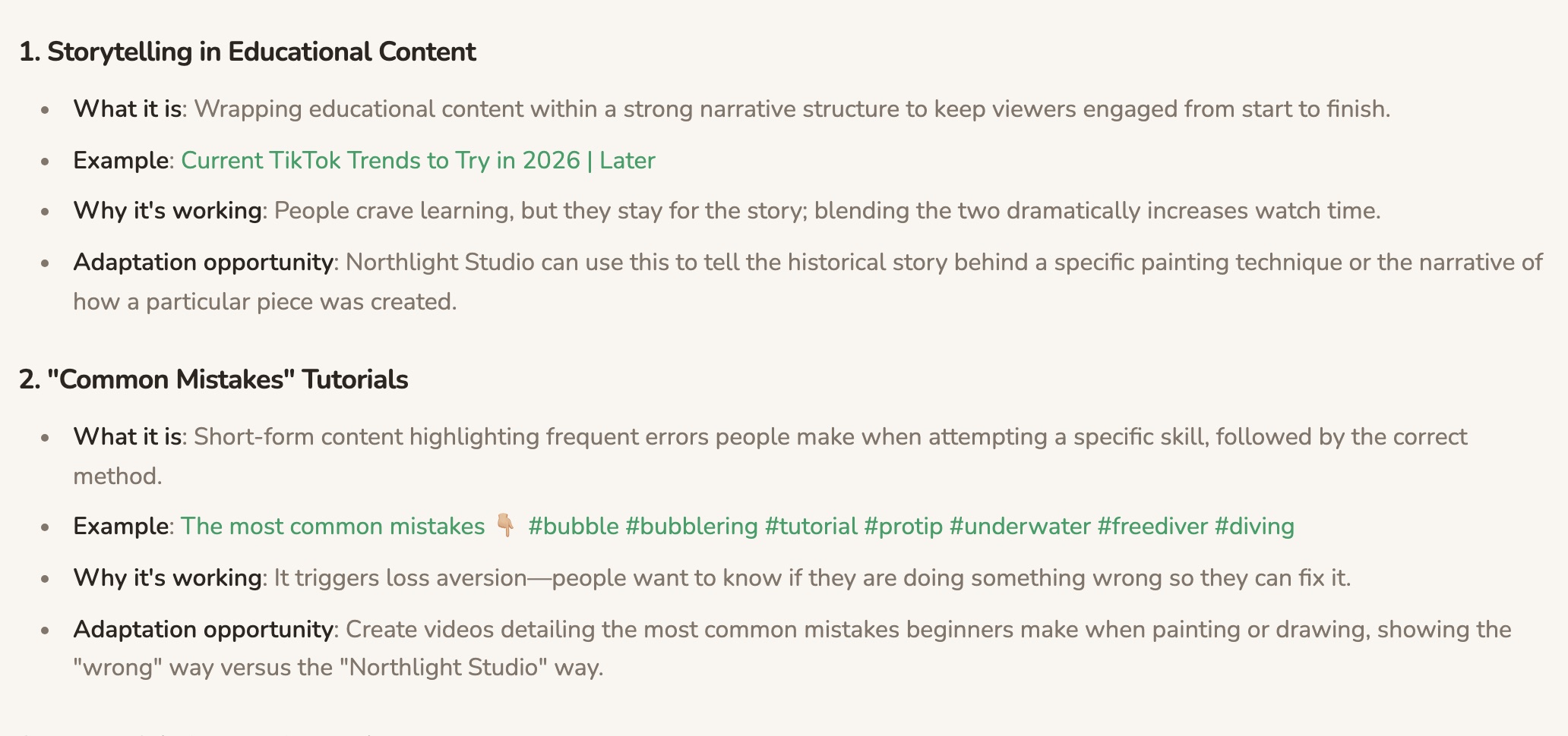 A weekly research document in Mochi, listing trending formats and how to adapt each one.