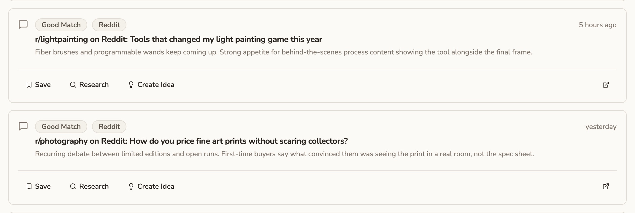 A watch list in Mochi monitoring photography communities, with a Create Idea action on each finding.
