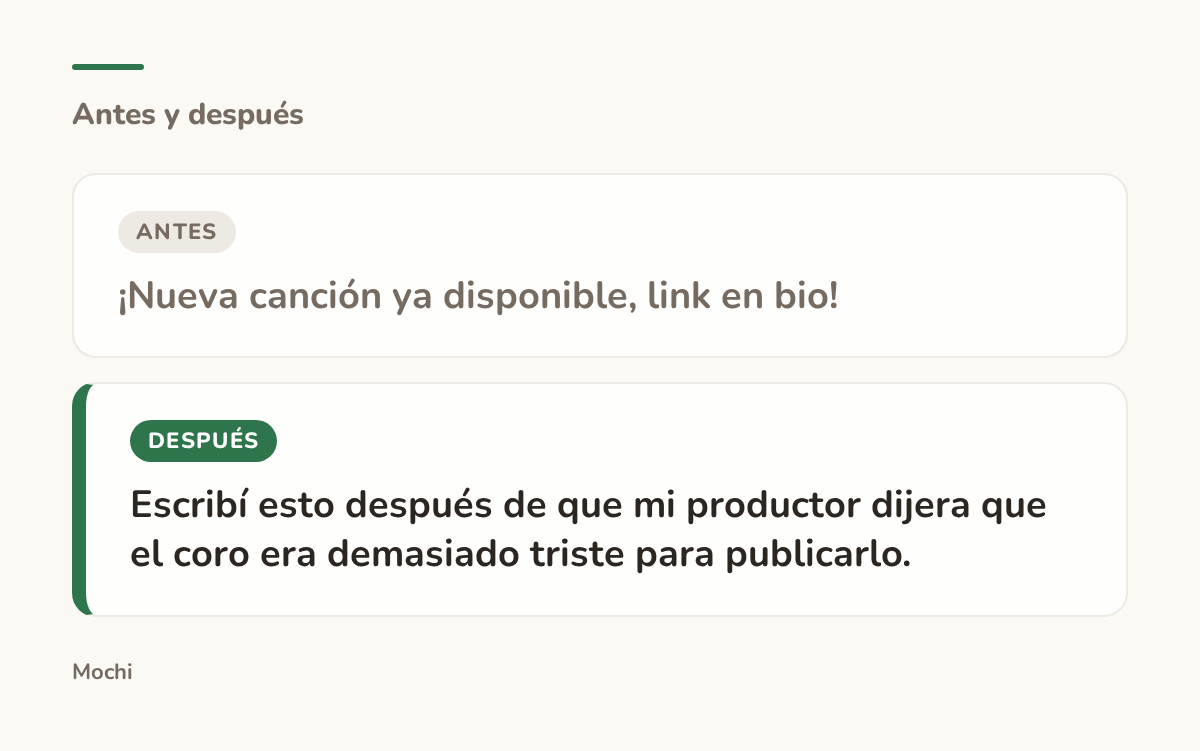 Tarjeta estilo publicación: la apertura débil '¡Nueva canción ya disponible, link en bio!' reescrita como 'Escribí esto después de que mi productor dijera que el coro era demasiado triste para publicarlo.'