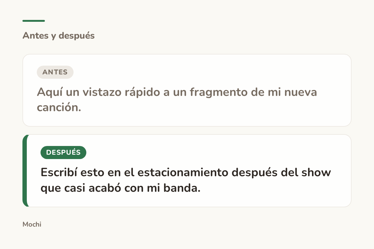 Tarjeta estilo publicación: la apertura débil 'Aquí un vistazo rápido a un fragmento de mi nueva canción.' reescrita como 'Escribí esto en el estacionamiento después del show que casi acabó con mi banda.'