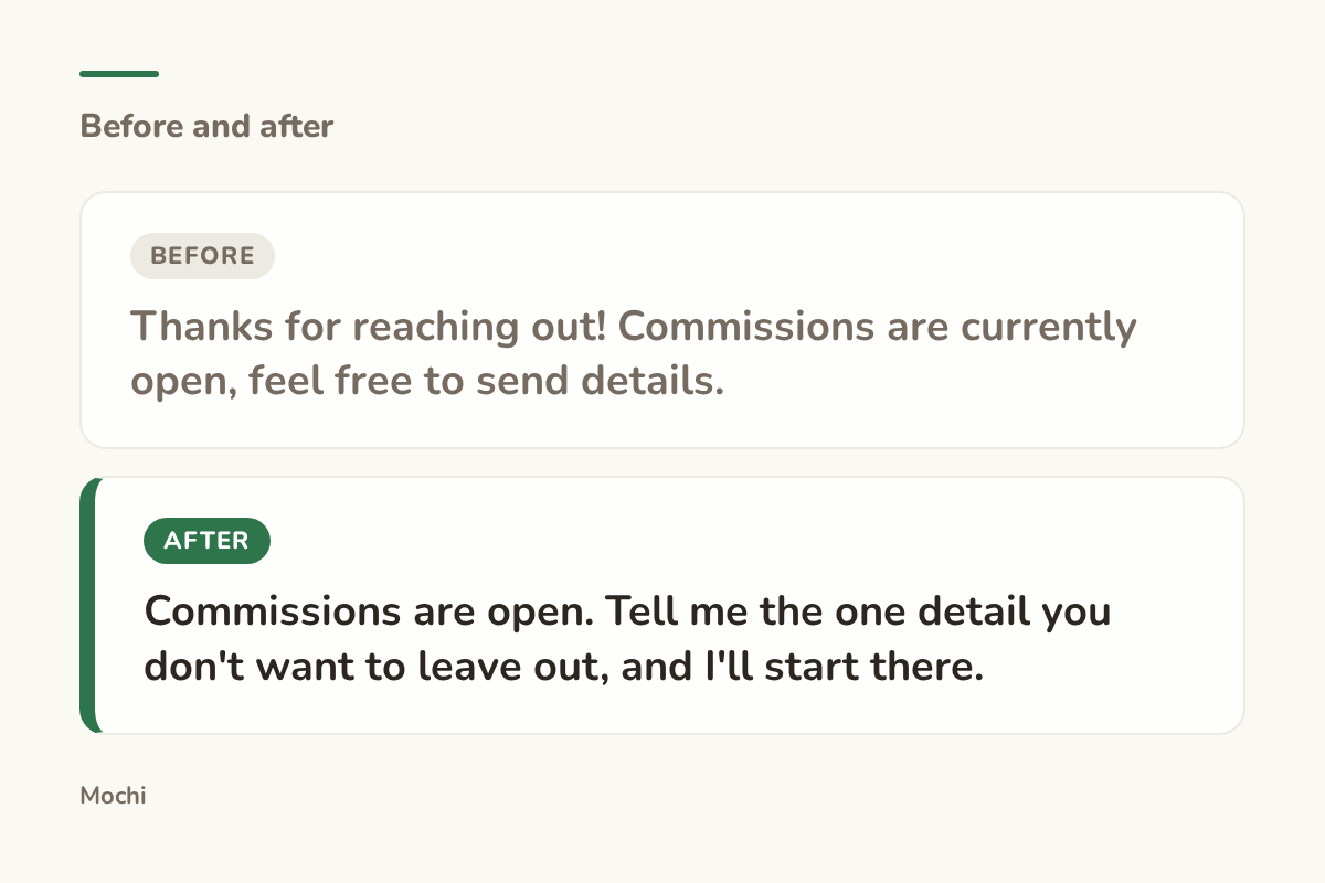 Post-style card: the weak opener 'Thanks for reaching out! Commissions are currently open, feel free to send details.' rewritten as 'Commissions are open. Tell me the one detail you don't want to leave out, and I'll start there.'