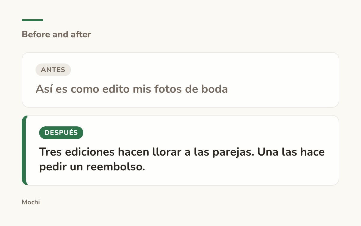 Tarjeta estilo publicación: la apertura débil 'Así es como edito mis fotos de boda' reescrita como 'Tres ediciones hacen llorar a las parejas. Una las hace pedir un reembolso.'