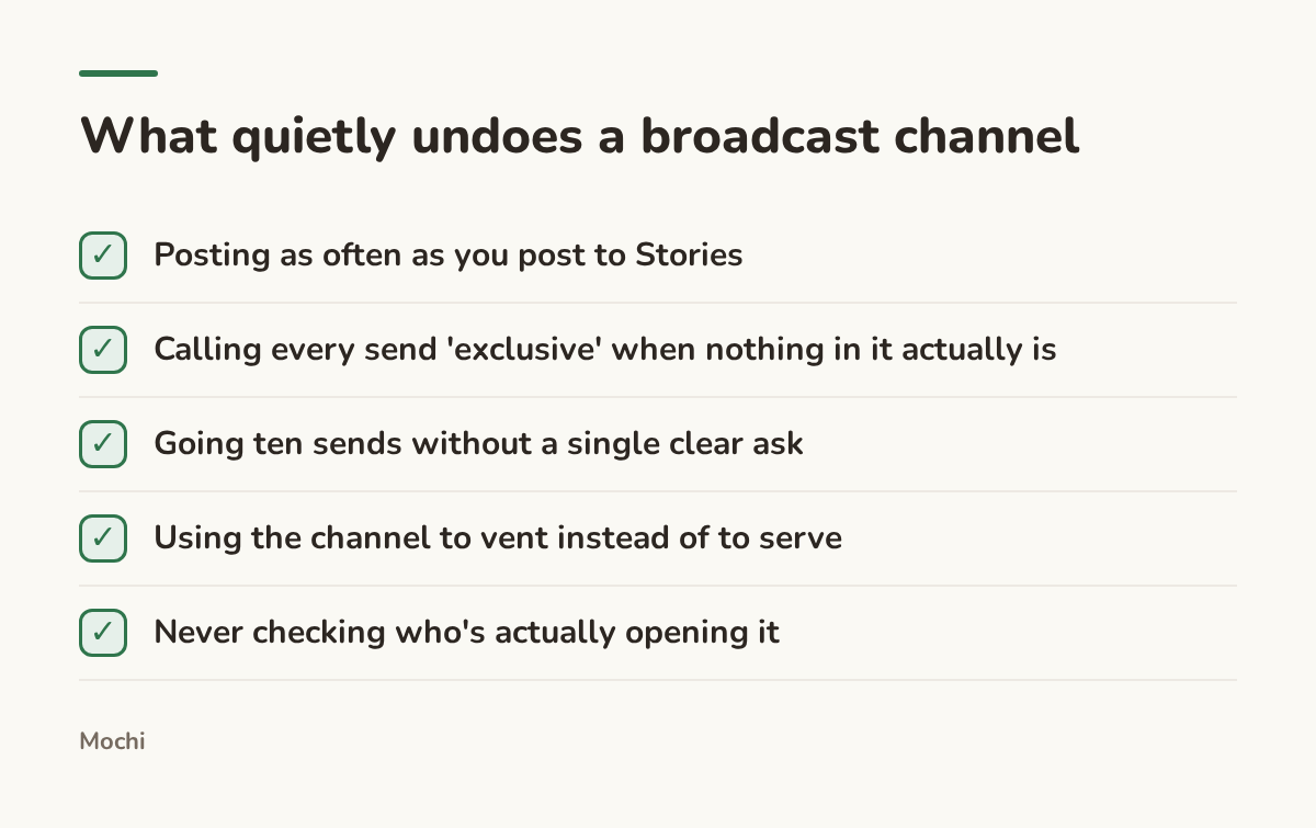 Infographic (checklist): What quietly undoes a broadcast channel. Posting as often as you post to Stories; Calling every send 'exclusive' when nothing in it actually is; Going ten sends without a single clear ask; Using the channel to vent instead of to serve; Never checking who's actually...