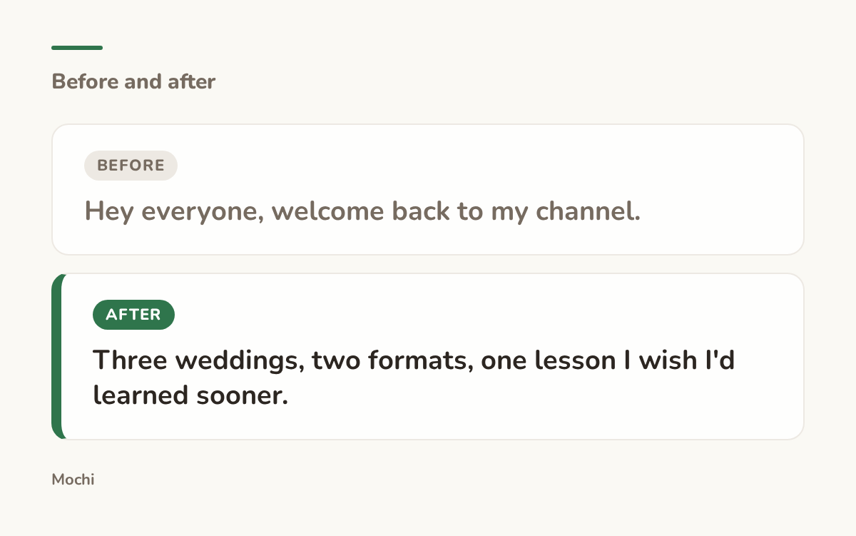 Post-style card: the weak opener 'Hey everyone, welcome back to my channel.' rewritten as 'Three weddings, two formats, one lesson I wish I'd learned sooner.'