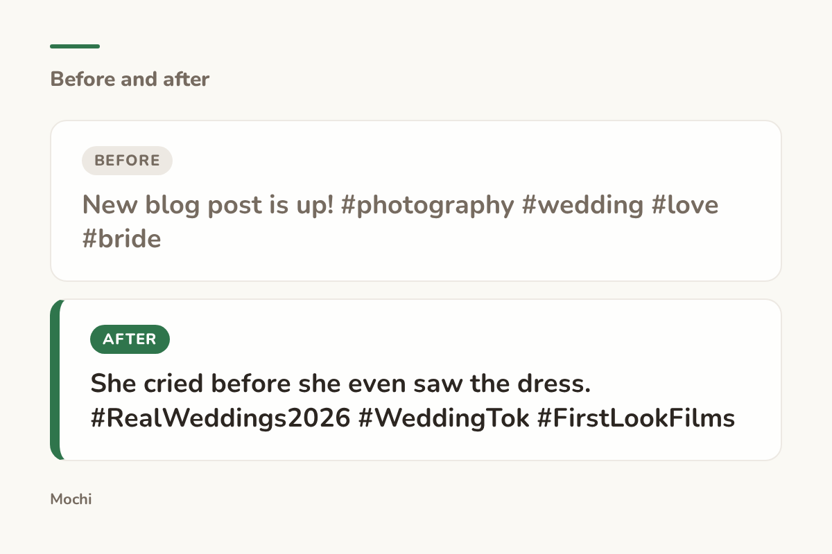 Post-style card: the weak opener 'New blog post is up! #photography #wedding #love #bride' rewritten as 'She cried before she even saw the dress. #RealWeddings2026 #WeddingTok #FirstLookFilms'