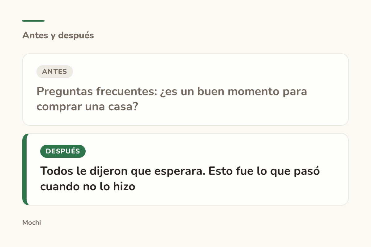 Tarjeta estilo publicación: la apertura débil 'Preguntas frecuentes: ¿es un buen momento para comprar una casa?' reescrita como 'Todos le dijeron que esperara. Esto fue lo que pasó cuando no lo hizo'