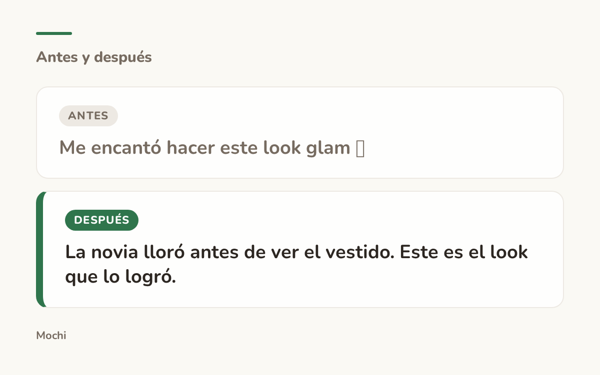 Tarjeta estilo publicación: la apertura débil 'Me encantó hacer este look glam 💕' reescrita como 'La novia lloró antes de ver el vestido. Este es el look que lo logró.'