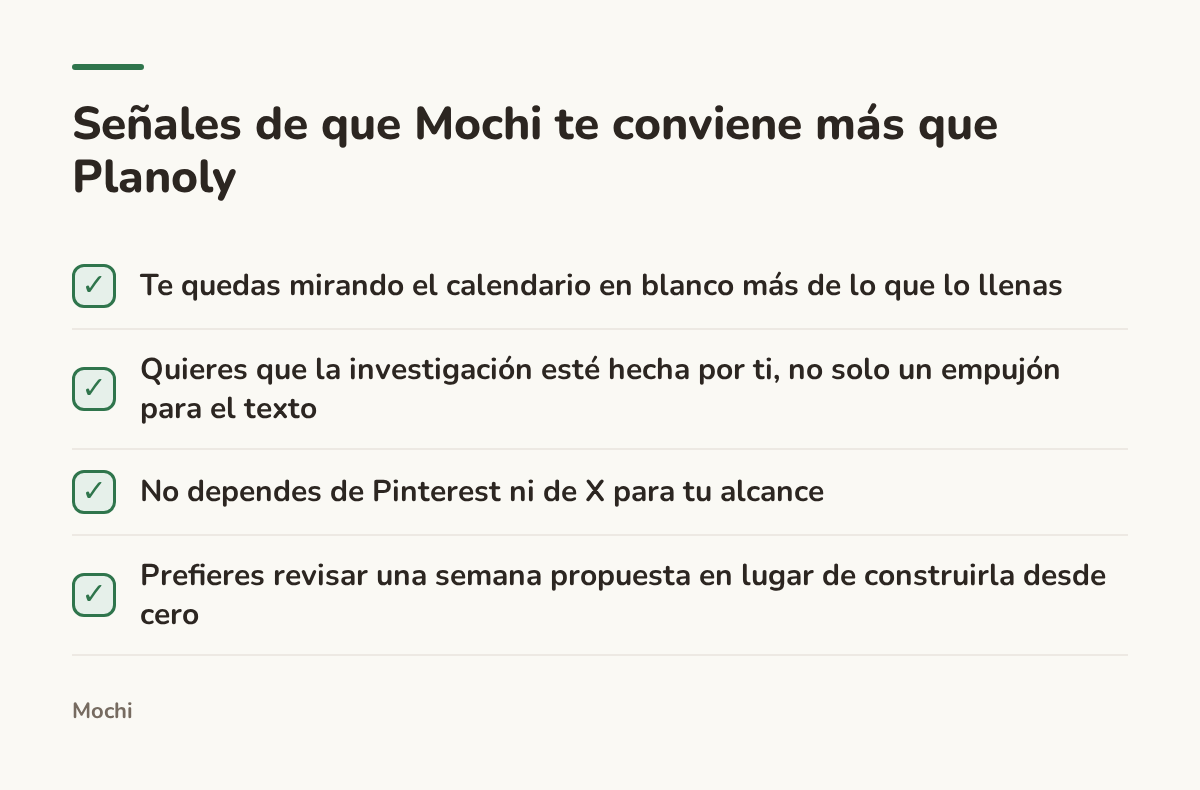Infographic (checklist): Señales de que Mochi te conviene más que Planoly. Te quedas mirando el calendario en blanco más de lo que lo llenas; Quieres que la investigación esté hecha por ti, no solo un empujón para el texto; No dependes de Pinterest ni de X para tu alcance; Prefieres revisar una...