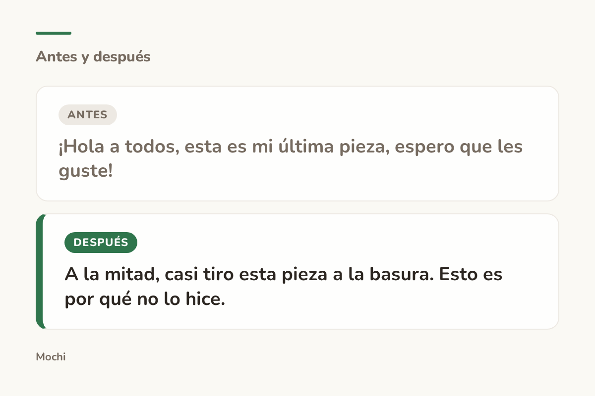 Tarjeta estilo publicación: la apertura débil '¡Hola a todos, esta es mi última pieza, espero que les guste!' reescrita como 'A la mitad, casi tiro esta pieza a la basura. Esto es por qué no lo hice.'