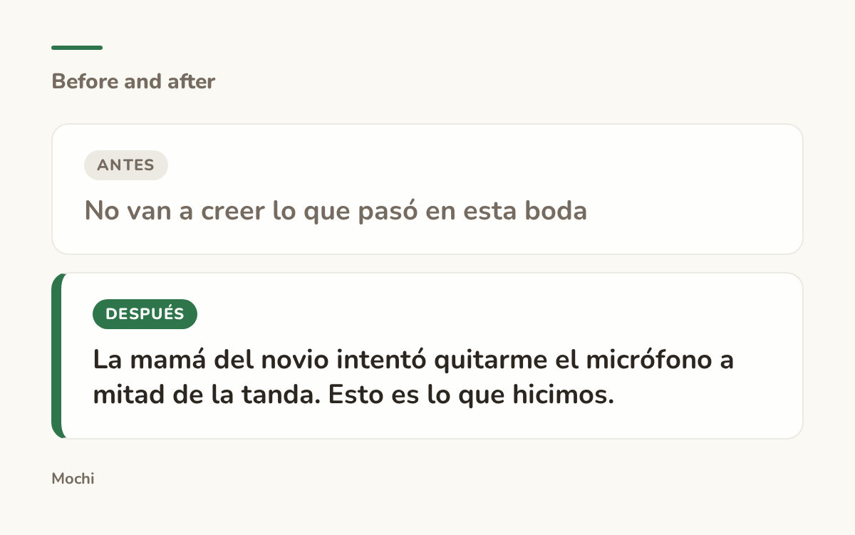 Tarjeta estilo publicación: la apertura débil 'No van a creer lo que pasó en esta boda' reescrita como 'La mamá del novio intentó quitarme el micrófono a mitad de la tanda. Esto es lo que hicimos.'