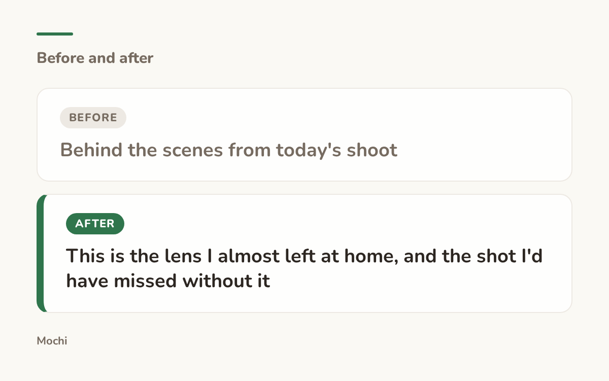 Post-style card: the weak opener 'Behind the scenes from today's shoot' rewritten as 'This is the lens I almost left at home, and the shot I'd have missed without it'
