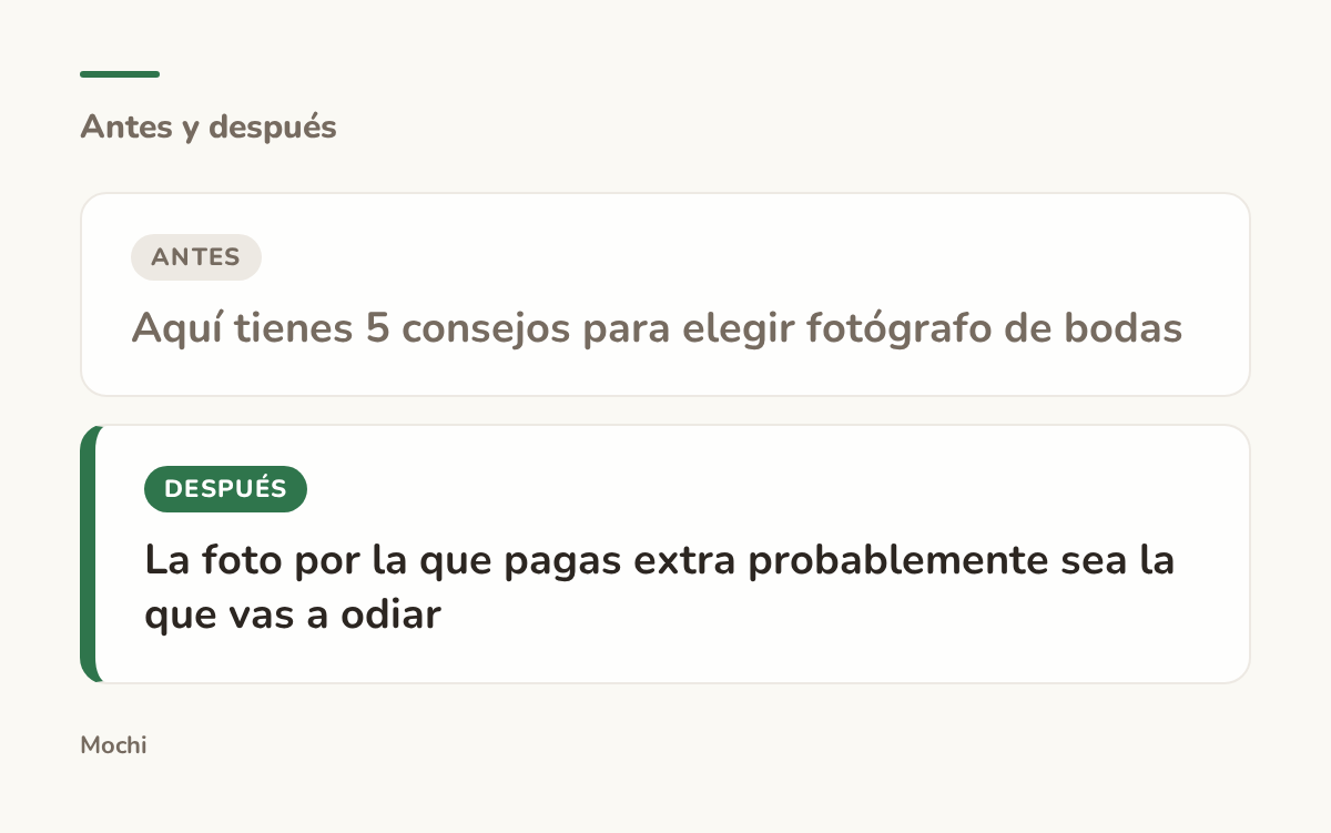 Tarjeta estilo publicación: la apertura débil 'Aquí tienes 5 consejos para elegir fotógrafo de bodas' reescrita como 'La foto por la que pagas extra probablemente sea la que vas a odiar'