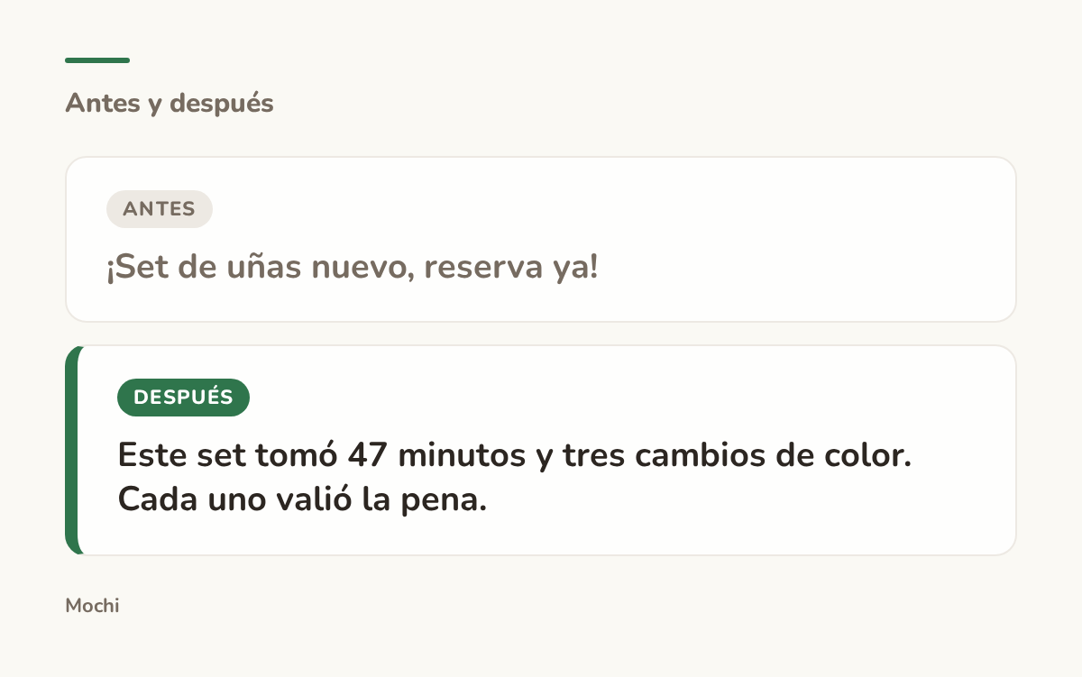 Tarjeta estilo publicación: la apertura débil '¡Set de uñas nuevo, reserva ya!' reescrita como 'Este set tomó 47 minutos y tres cambios de color. Cada uno valió la pena.'