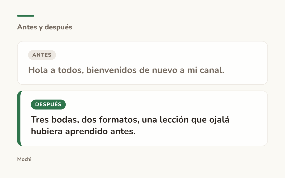 Tarjeta estilo publicación: la apertura débil 'Hola a todos, bienvenidos de nuevo a mi canal.' reescrita como 'Tres bodas, dos formatos, una lección que ojalá hubiera aprendido antes.'