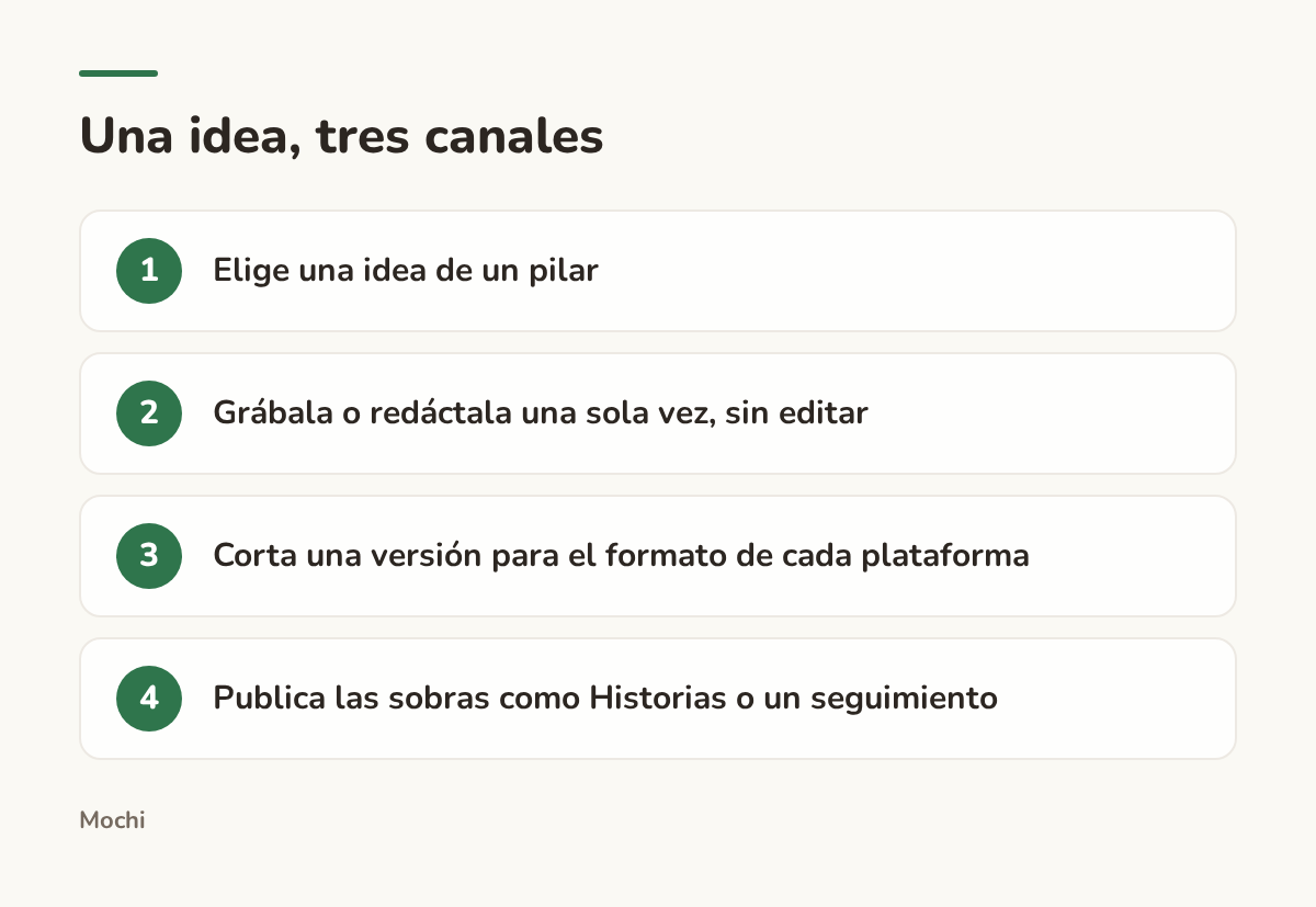 Infografía (pasos): Una idea, tres canales. Elige una idea de un pilar; Grábala o redáctala una sola vez, sin editar; Corta una versión para el formato de cada plataforma; Publica las sobras como Historias o un seguimiento