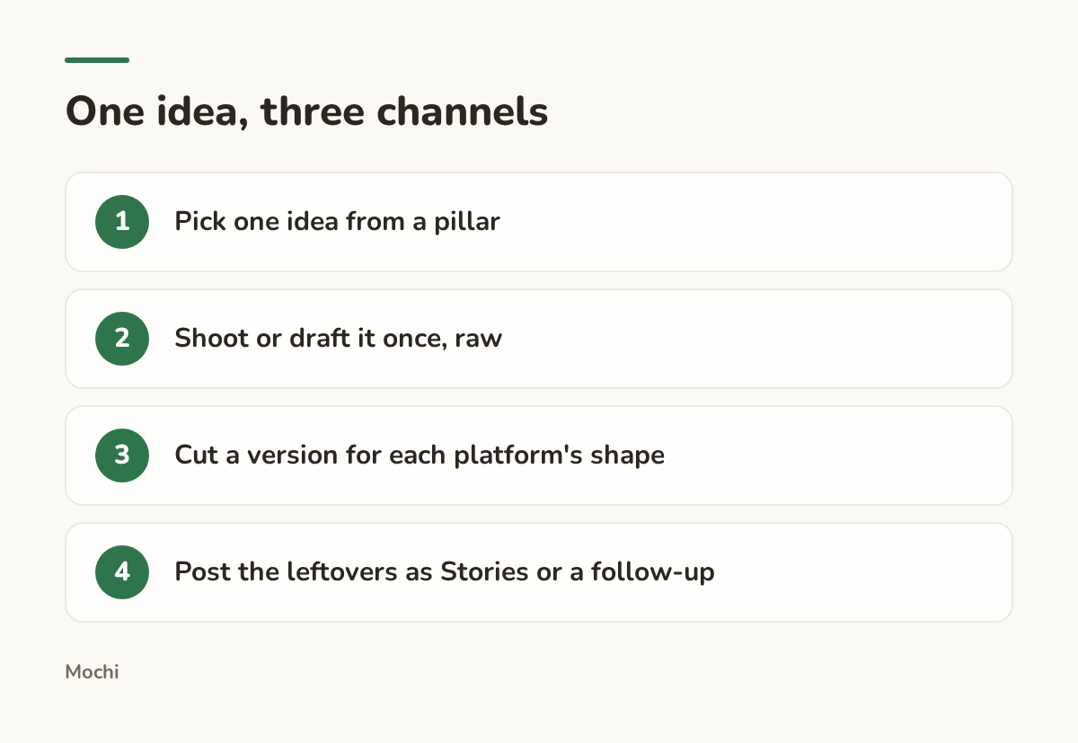 Infographic (steps): One idea, three channels. Pick one idea from a pillar; Shoot or draft it once, raw; Cut a version for each platform's shape; Post the leftovers as Stories or a follow-up