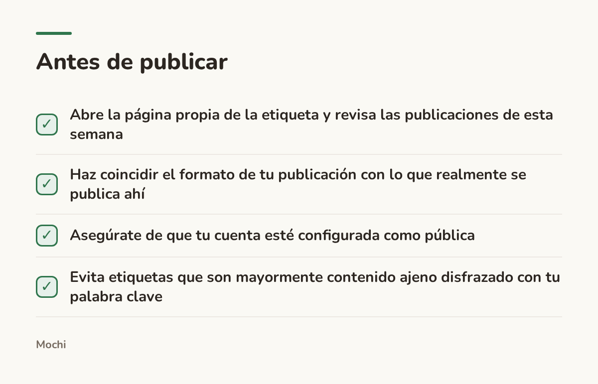 Infografía (lista de verificación): Antes de publicar. Abre la página propia de la etiqueta y revisa las publicaciones de esta semana; Haz coincidir el formato de tu publicación con lo que realmente se publica ahí; Asegúrate de que tu cuenta esté configurada como pública; Evita etiquetas que son...