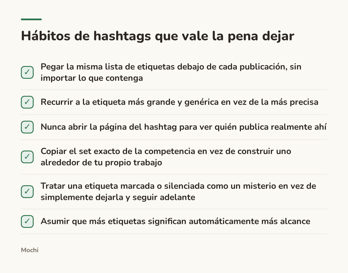 Infografía (lista de verificación): Hábitos de hashtags que vale la pena dejar. Pegar la misma lista de etiquetas debajo de cada publicación, sin importar lo que contenga; Recurrir a la etiqueta más grande y genérica en vez de la más precisa; Nunca abrir la página del hashtag para ver quién...