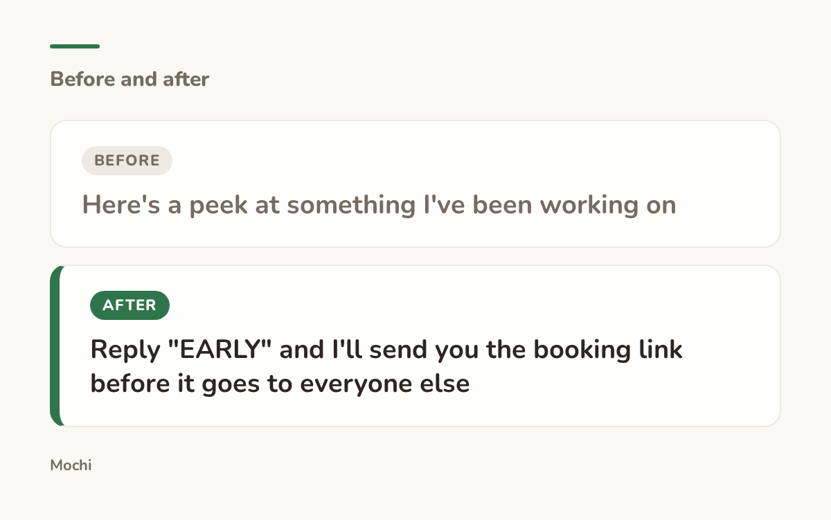 Post-style card: the weak opener 'Here's a peek at something I've been working on' rewritten as 'Reply "EARLY" and I'll send you the booking link before it goes to everyone else'