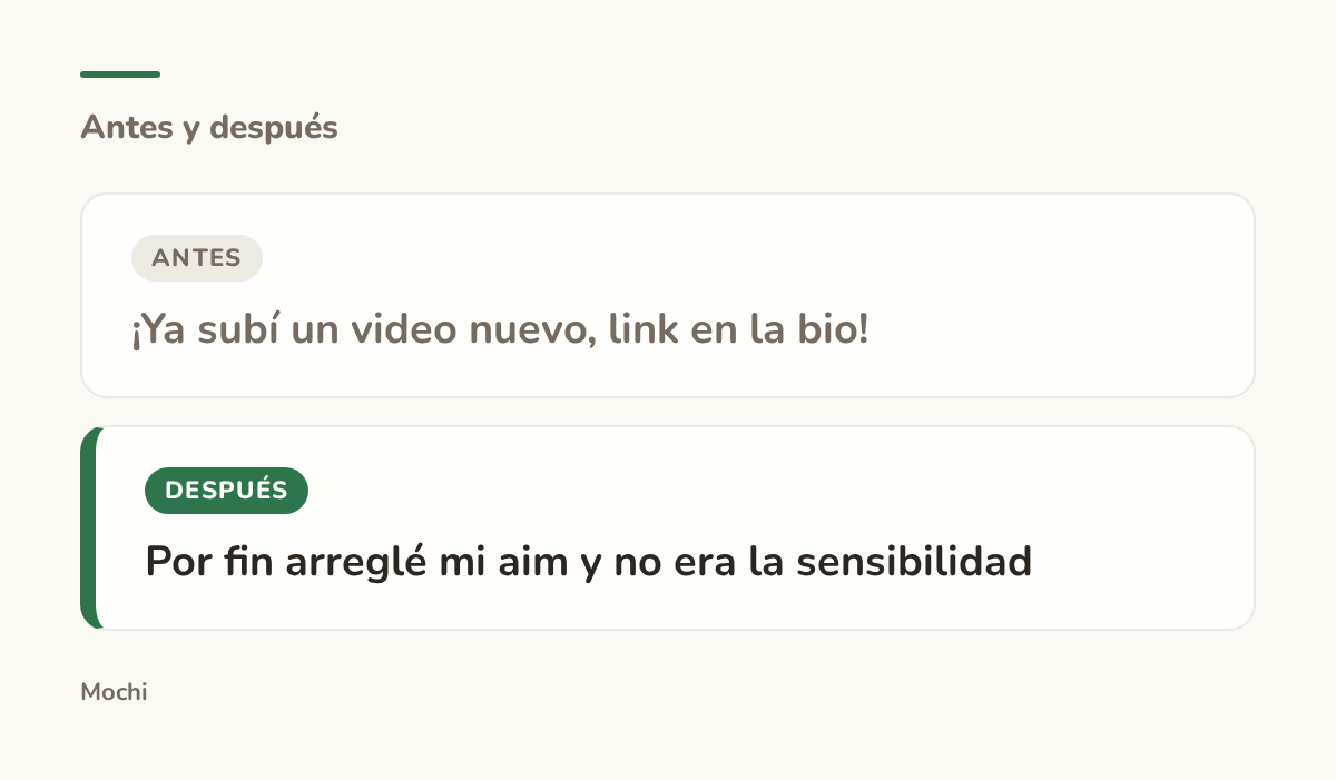 Tarjeta estilo publicación: la apertura débil '¡Ya subí un video nuevo, link en la bio!' reescrita como 'Por fin arreglé mi aim y no era la sensibilidad'