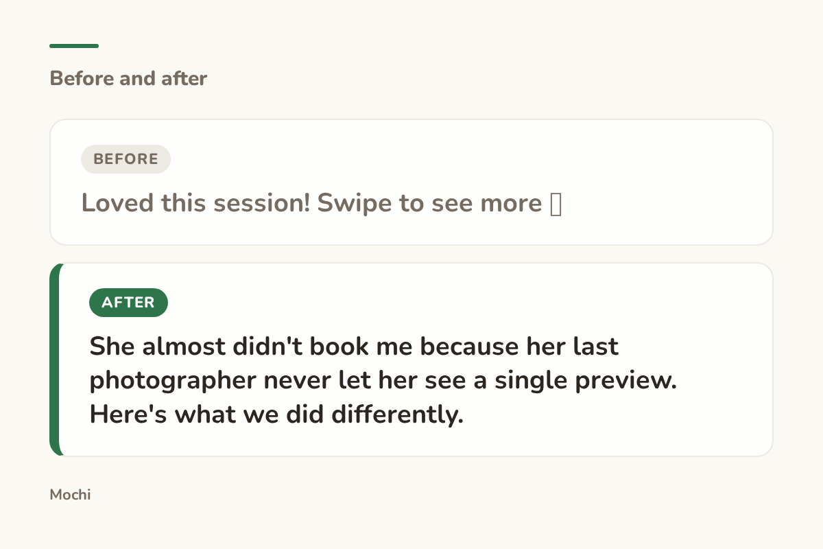Post-style card: the weak opener 'Loved this session! Swipe to see more 📸' rewritten as 'She almost didn't book me because her last photographer never let her see a single preview. Here's what we did differently.'
