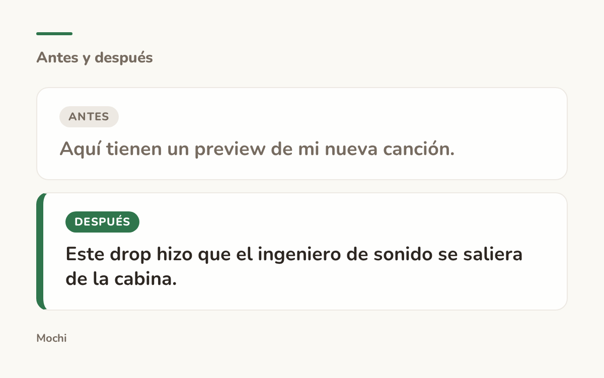 Tarjeta estilo publicación: la apertura débil 'Aquí tienen un preview de mi nueva canción.' reescrita como 'Este drop hizo que el ingeniero de sonido se saliera de la cabina.'