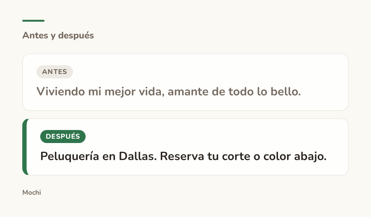 Tarjeta estilo publicación: la apertura débil 'Viviendo mi mejor vida, amante de todo lo bello.' reescrita como 'Peluquería en Dallas. Reserva tu corte o color abajo.'