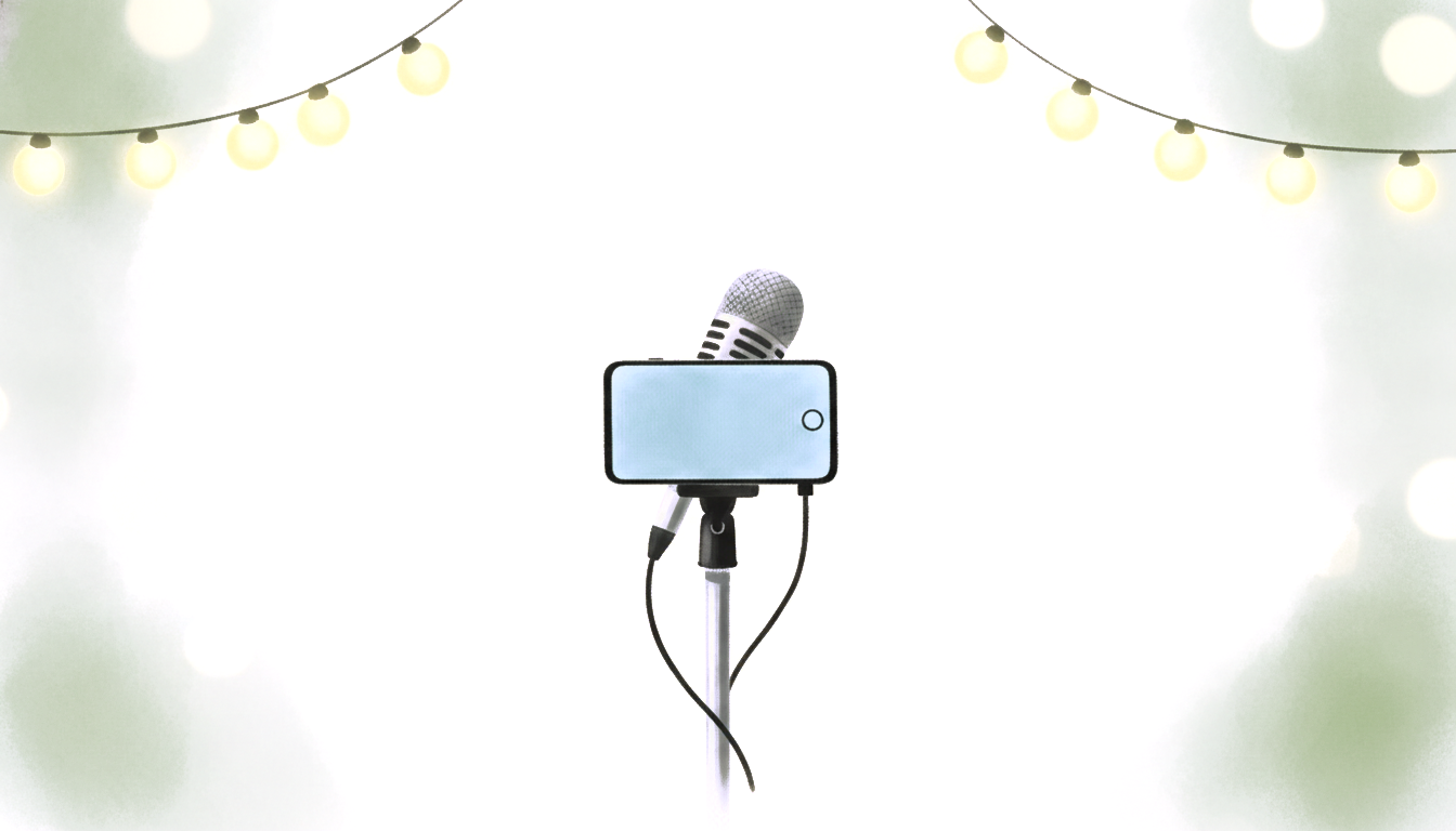 Illustration: a musician's phone propped against a mic stand mid-recording, string lights glowing softly in the background