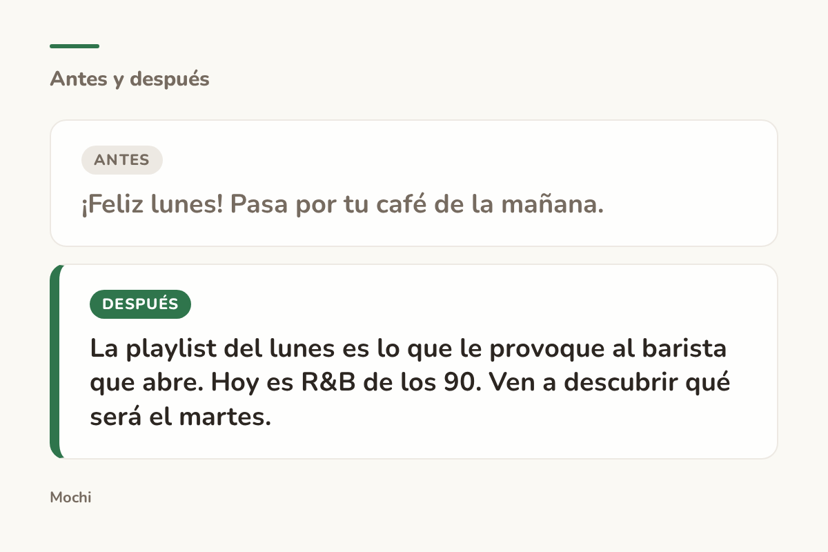 Tarjeta estilo publicación: la apertura débil '¡Feliz lunes! Pasa por tu café de la mañana.' reescrita como 'La playlist del lunes es lo que le provoque al barista que abre. Hoy es R&B de los 90. Ven a descubrir qué será el martes.'