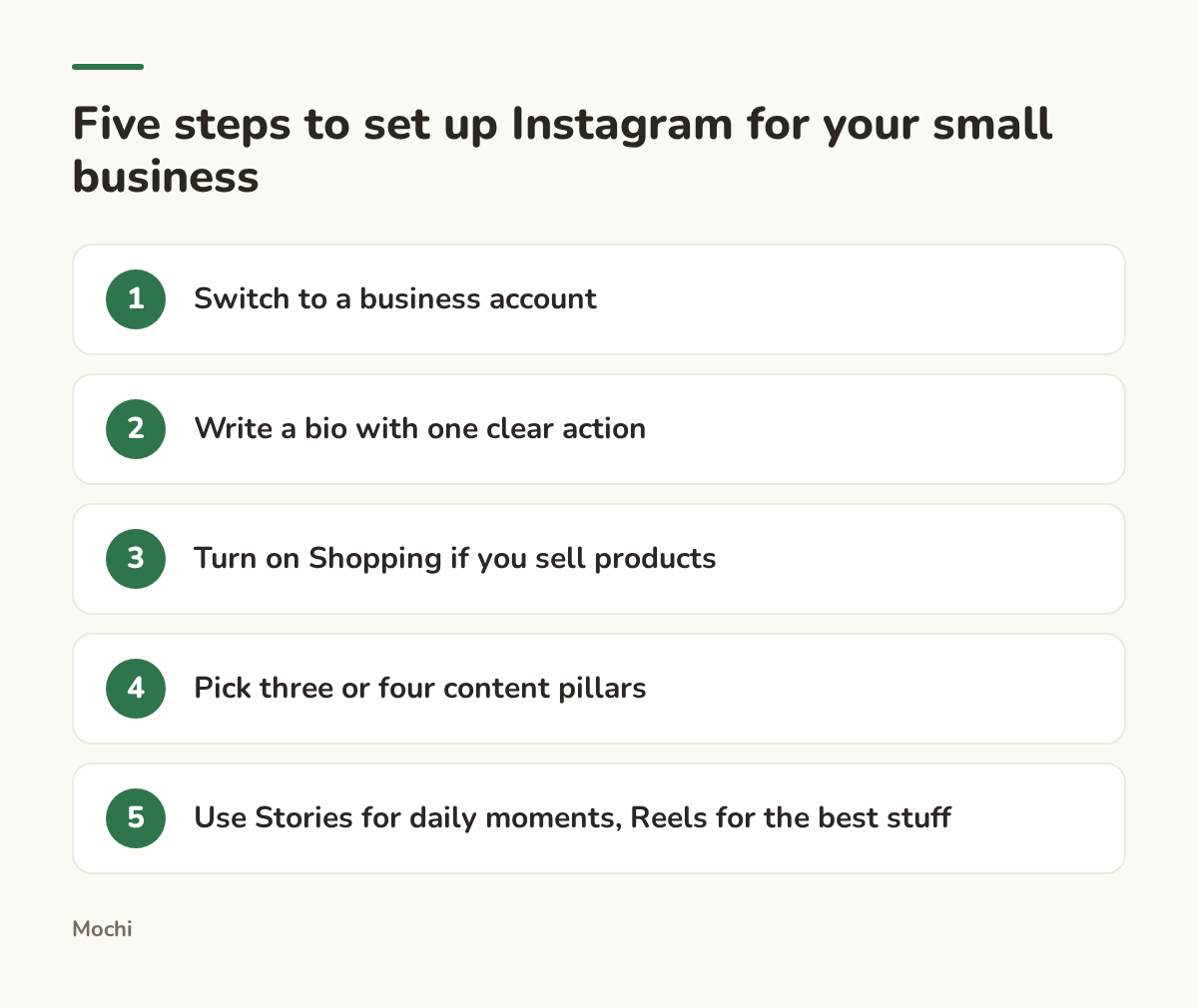Infographic (steps): Five steps to set up Instagram for your small business. Switch to a business account; Write a bio with one clear action; Turn on Shopping if you sell products; Pick three or four content pillars; Use Stories for daily moments, Reels for the best stuff