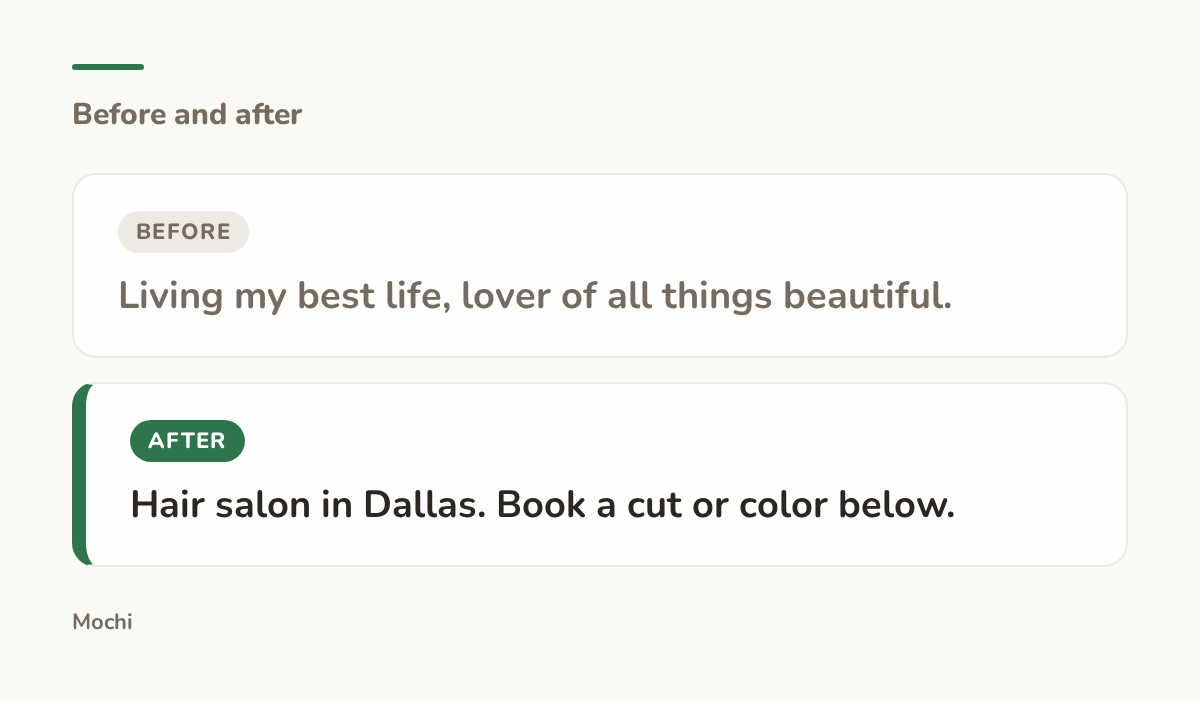 Post-style card: the weak opener 'Living my best life, lover of all things beautiful.' rewritten as 'Hair salon in Dallas. Book a cut or color below.'