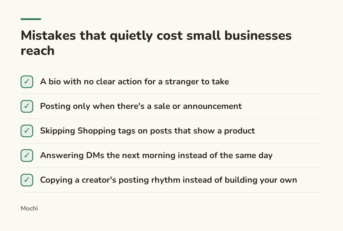 Infographic (checklist): Mistakes that quietly cost small businesses reach. A bio with no clear action for a stranger to take; Posting only when there's a sale or announcement; Skipping Shopping tags on posts that show a product; Answering DMs the next morning instead of the same day; Copying a...
