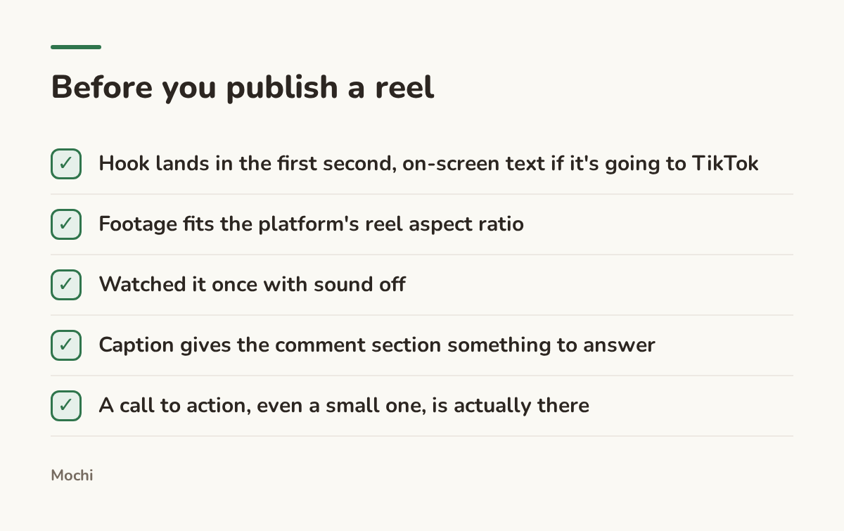 Infographic (checklist): Before you publish a reel. Hook lands in the first second, on-screen text if it's going to TikTok; Footage fits the platform's reel aspect ratio; Watched it once with sound off; Caption gives the comment section something to answer; A call to action, even a small one, is...