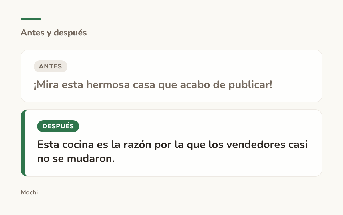 Tarjeta estilo publicación: la apertura débil '¡Mira esta hermosa casa que acabo de publicar!' reescrita como 'Esta cocina es la razón por la que los vendedores casi no se mudaron.'