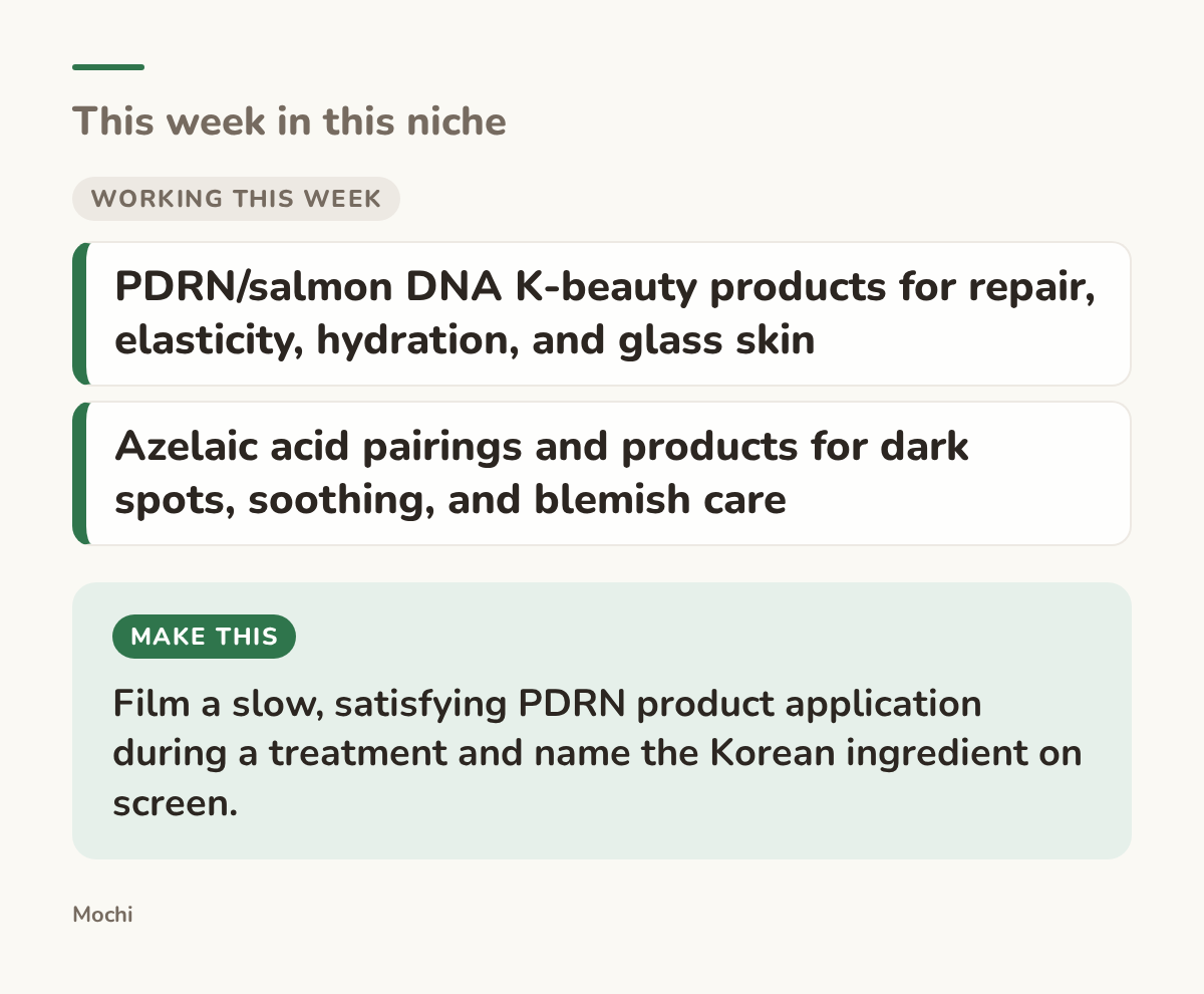 Card: working this week: PDRN/salmon DNA K-beauty products for repair, elasticity, hydration, and glass skin, Azelaic acid pairings and products for dark spots, soothing, and blemish care. Make this: Film a slow, satisfying PDRN product application during a treatment and name the Korean...