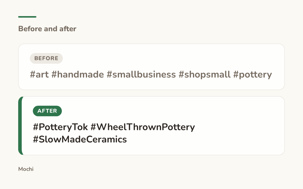Post-style card: the weak opener '#art #handmade #smallbusiness #shopsmall #pottery' rewritten as '#PotteryTok #WheelThrownPottery #SlowMadeCeramics'