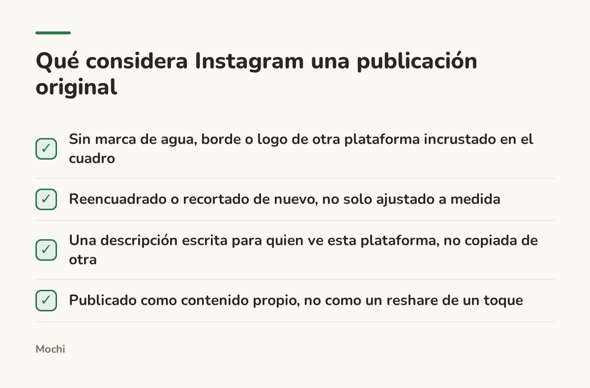 Infographic (checklist): Qué considera Instagram una publicación original. Sin marca de agua, borde o logo de otra plataforma incrustado en el cuadro; Reencuadrado o recortado de nuevo, no solo ajustado a medida; Una descripción escrita para quien ve esta plataforma, no copiada de otra;...
