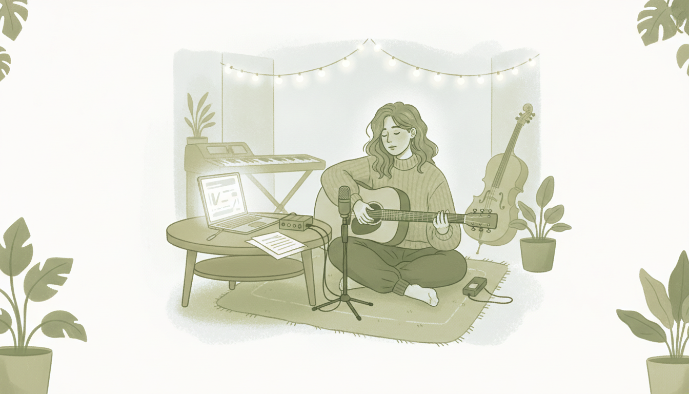 Illustration: a musician mid-take in a small home studio, string lights glowing behind her, a half-finished song open on a laptop screen