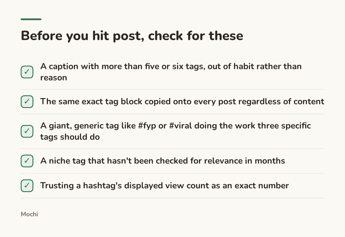 Infographic (checklist): Before you hit post, check for these. A caption with more than five or six tags, out of habit rather than reason; The same exact tag block copied onto every post regardless of content; A giant, generic tag like #fyp or #viral doing the work three specific tags should do;...