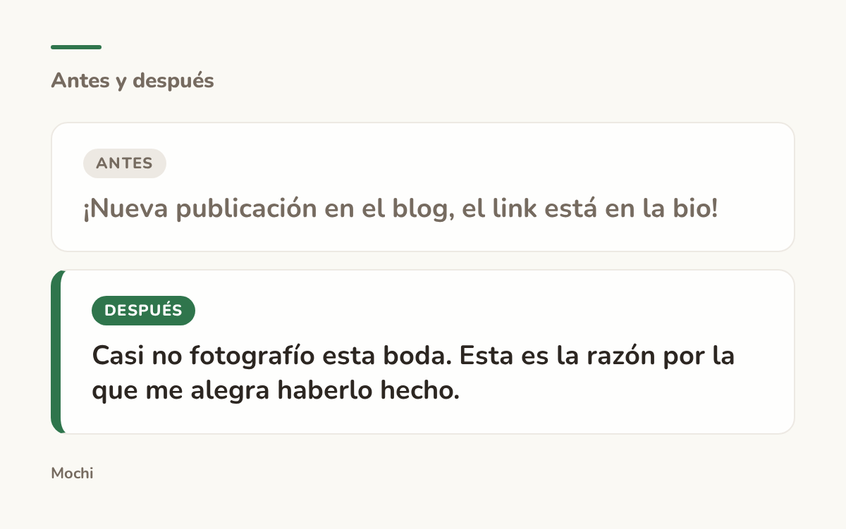 Tarjeta estilo publicación: la apertura débil '¡Nueva publicación en el blog, el link está en la bio!' reescrita como 'Casi no fotografío esta boda. Esta es la razón por la que me alegra haberlo hecho.'