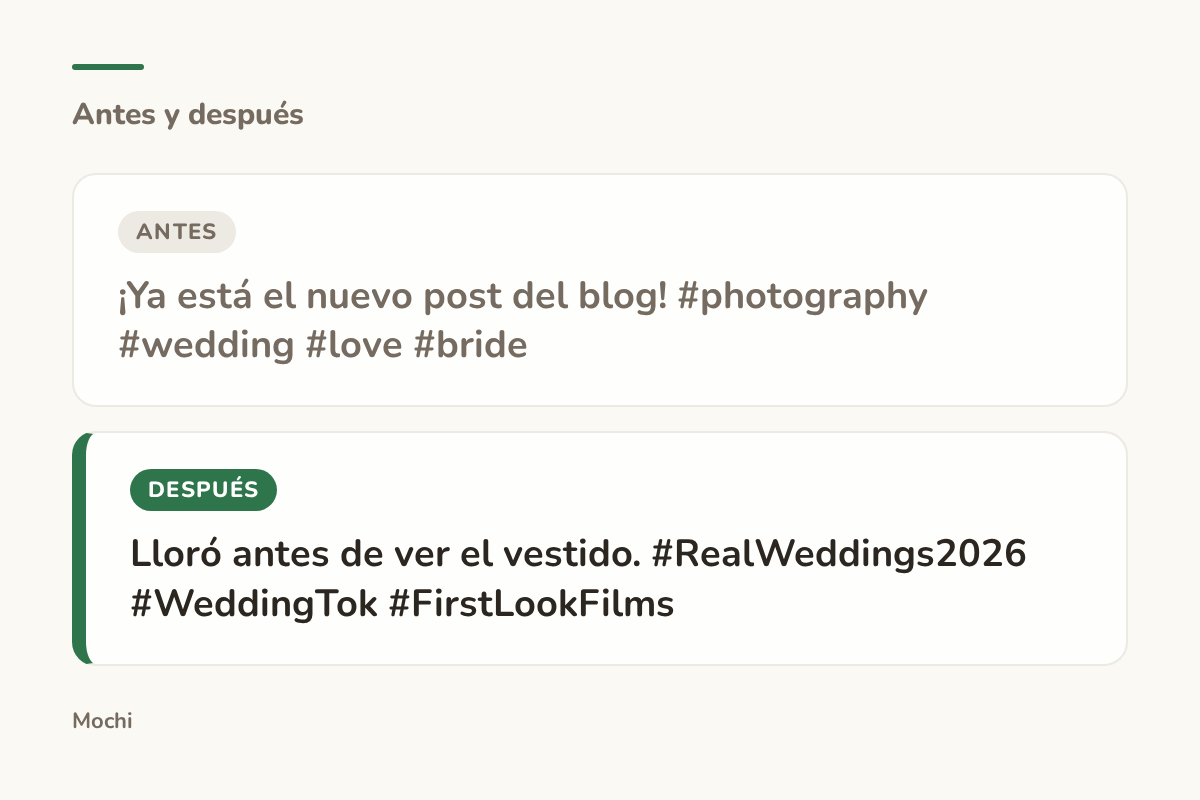 Tarjeta estilo publicación: la apertura débil '¡Ya está el nuevo post del blog! #photography #wedding #love #bride' reescrita como 'Lloró antes de ver el vestido. #RealWeddings2026 #WeddingTok #FirstLookFilms'