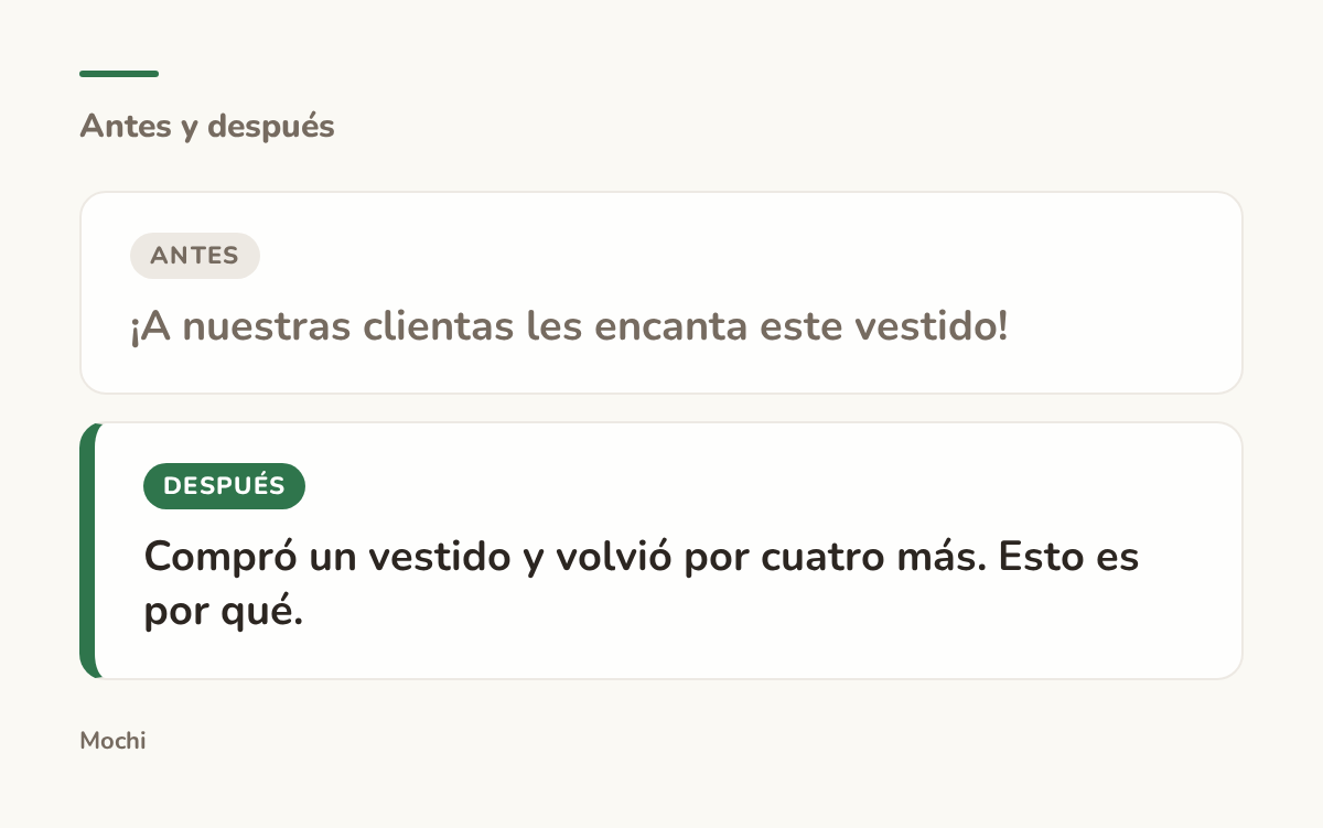 Tarjeta estilo publicación: la apertura débil '¡A nuestras clientas les encanta este vestido!' reescrita como 'Compró un vestido y volvió por cuatro más. Esto es por qué.'