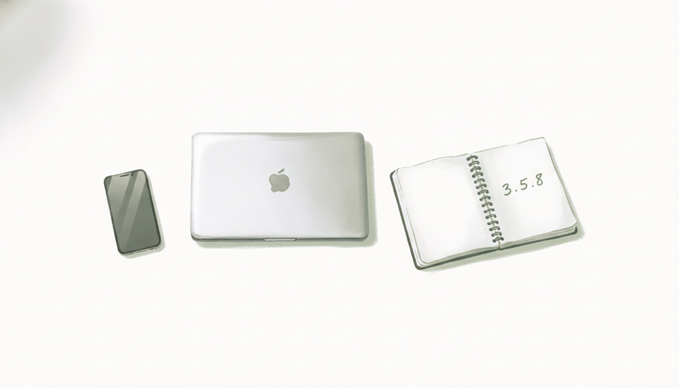 Illustration: a creator's desk with a laptop closed, a phone turned face-down, and a notebook open to a page with three numbers written on it