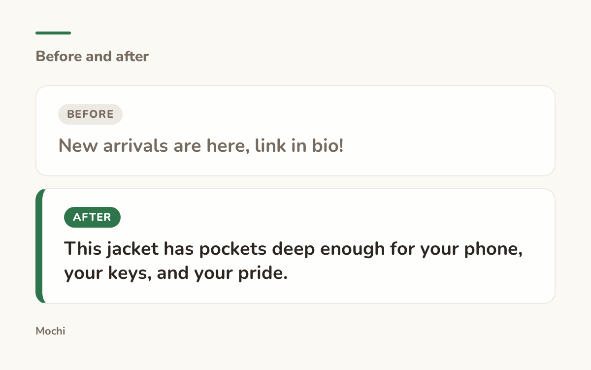 Post-style card: the weak opener 'New arrivals are here, link in bio!' rewritten as 'This jacket has pockets deep enough for your phone, your keys, and your pride.'