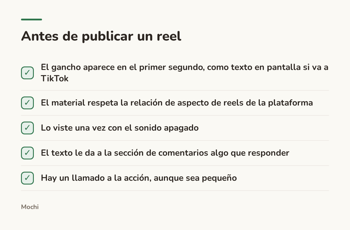 Infografía (lista de verificación): Antes de publicar un reel. El gancho aparece en el primer segundo, como texto en pantalla si va a TikTok; El material respeta la relación de aspecto de reels de la plataforma; Lo viste una vez con el sonido apagado; El texto le da a la sección de comentarios...