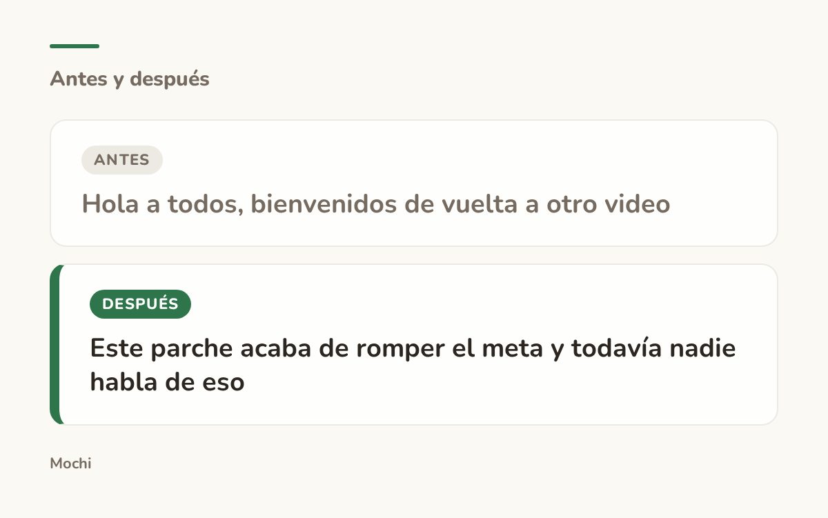 Tarjeta estilo publicación: la apertura débil 'Hola a todos, bienvenidos de vuelta a otro video' reescrita como 'Este parche acaba de romper el meta y todavía nadie habla de eso'