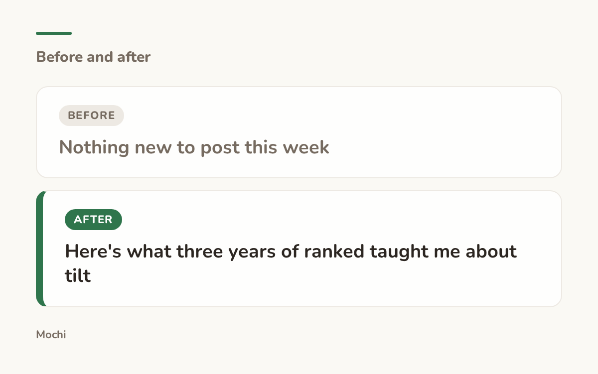 Post-style card: the weak opener 'Nothing new to post this week' rewritten as 'Here's what three years of ranked taught me about tilt'