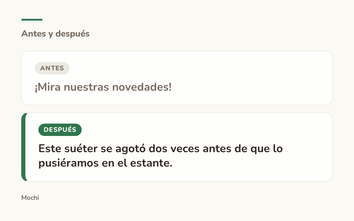 Tarjeta estilo publicación: la apertura débil '¡Mira nuestras novedades!' reescrita como 'Este suéter se agotó dos veces antes de que lo pusiéramos en el estante.'