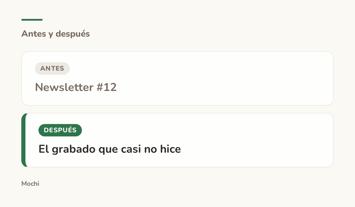 Tarjeta estilo publicación: la apertura débil 'Newsletter #12' reescrita como 'El grabado que casi no hice'