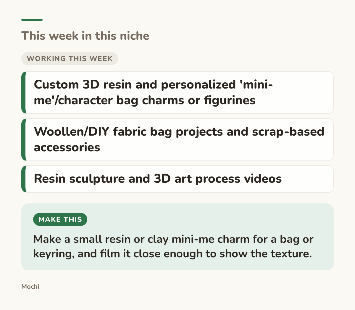 Card: working this week: Custom 3D resin and personalized 'mini-me'/character bag charms or figurines, Woollen/DIY fabric bag projects and scrap-based accessories, Resin sculpture and 3D art process videos. Make this: Make a small resin or clay mini-me charm for a bag or keyring, and film it...